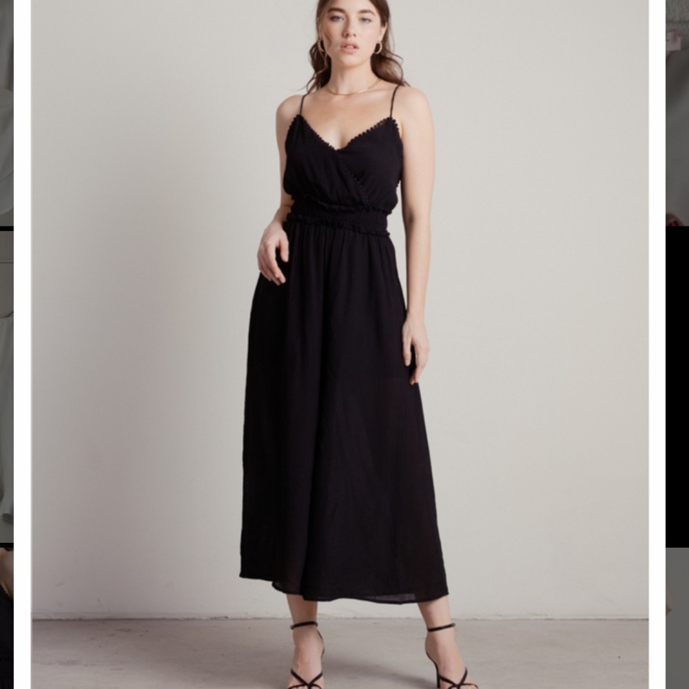 Amadya Black Strappy Black Crocket Trim Smocked Jumpsuit
